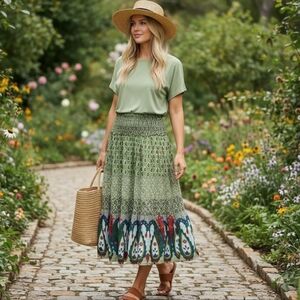 Chaudry KC Skirt Vintage Y2k 90s Green Floral Smocked Gypsy Boho Tiered M